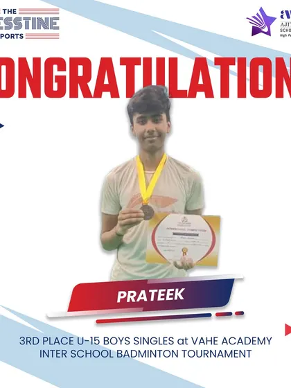 Congratulations to Prateek for securing 3rd place in the U-15 Boys Singles at the VAHE Academy Inter-School Badminton Tournament.
