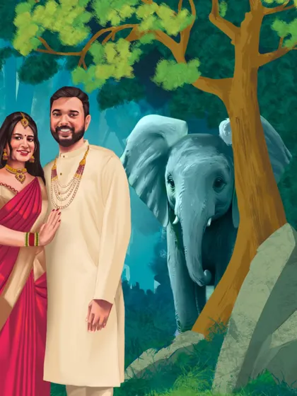 A close-up from the jungle-themed wedding illustration, showing the baby elephant peeking from behind a tree. I love adding these sweet, narrative elements to a couple's portrait.