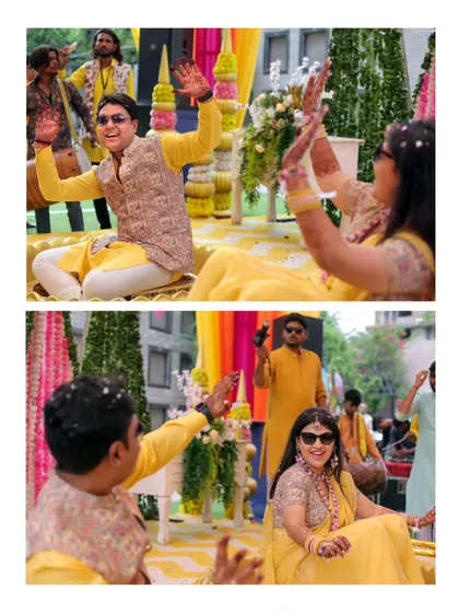 A collage capturing the fun and games of a destination Haldi in Jaipur. The couple is seen dancing and enjoying the moment.