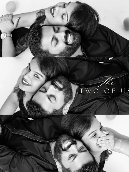 A creative black and white collage of close-up shots. These images capture genuine laughter and playful interactions, showing the fun of being together.