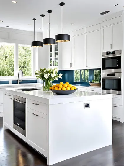 A modern white kitchen with a large island and sleek, handleless cabinets. The dark blue backsplash adds a surprising pop of color and depth.