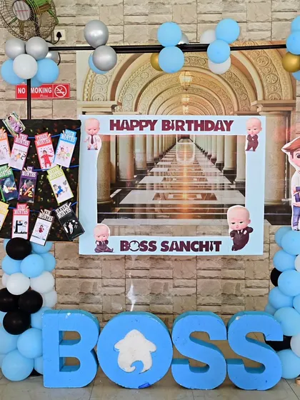 For Boss Sanchit's party, we created this interactive photo booth. It includes a "Happy Birthday" frame, character cutouts, and large "BOSS" letters, providing a fun spot for guests to take memorable pictures. Note: This is the same setup as ID 7.