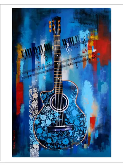 The final version of the commissioned abstract guitar painting. The bold blues and reds create a dynamic energy, perfect for a space dedicated to music.