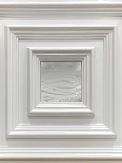 This 20x20 inch PVC panel has a classic design with beveled square frames and a central mirror accent. It's a timeless choice for adding architectural detail to a wall.