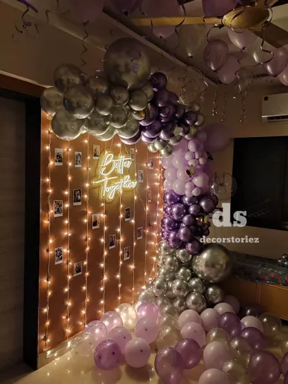 Another angle of the 'Better Together' proposal decor. This view shows how the balloon arch elegantly frames the wall, making it a perfect surprise for a loved one.