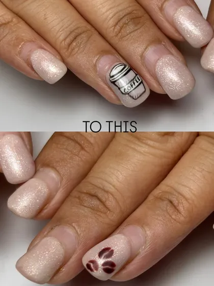 A before-and-after look at the custom coffee nails, showing the client's natural nails and the final, artfully decorated result.