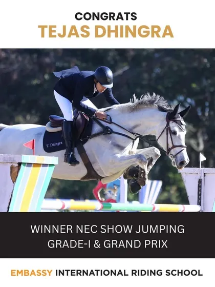 Celebrating top-tier achievements is central to our ethos. This graphic honors one of my riders winning the NEC Show Jumping Grade I and Grand Prix, a testament to the high-caliber coaching and dedication we cultivate.