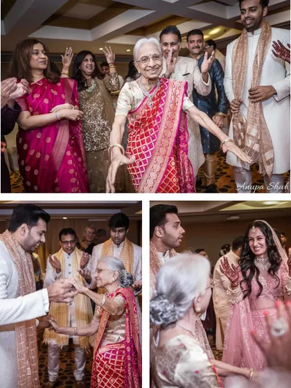 A heartwarming collage of the groom's grandmother dancing with joy. It shows her entering the party and then sharing a special dance with the couple.