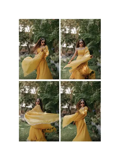 A four-panel grid showing the bride twirling in her beautiful yellow Haldi outfit. This captures the movement, grace, and happiness of the moment.