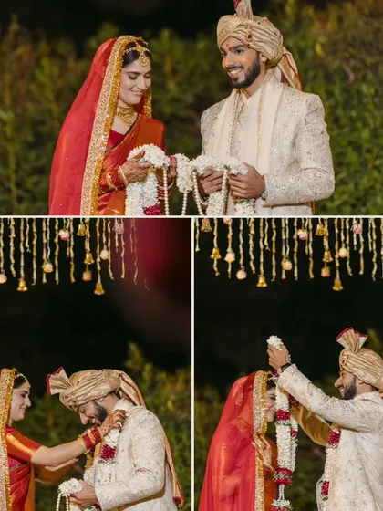 A collage of the varmala ceremony, a key moment in an Indian wedding. These shots capture the fun and tradition of the exchanging of garlands.