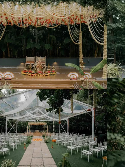 A collage view of the mandap and ceremony aisle, showing the thoughtful design from the entrance to the main stage.