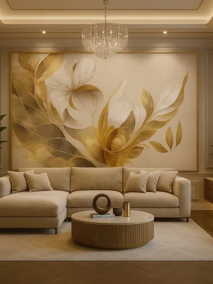 A soft and elegant floral wallpaper with abstract gold and white leaves. The design is framed with a classic gold border, adding a touch of formal luxury.