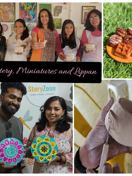 A collage from a festive weekend, showing participants engaged in pottery, miniature art, and Lippan art.