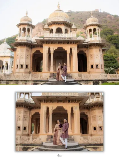 A majestic portrait of Ayush and Akshitha at a royal cenotaph in Jaipur. The composition emphasizes the scale and beauty of the heritage site, making the couple look like modern-day royalty.