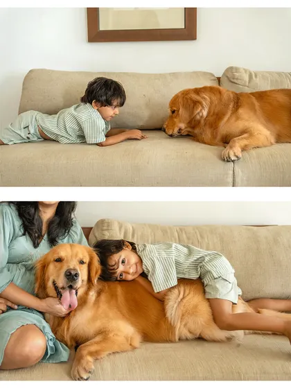 A collage capturing the playful bond between a young boy, Sumer, and his golden retriever, Ziggy, from quiet stares to big cuddles on the couch.
