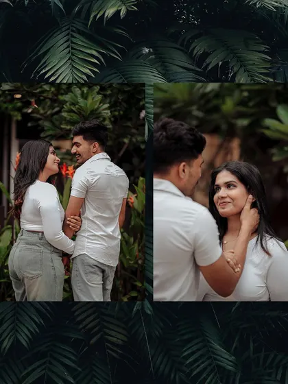 A collage capturing sweet, candid moments between a couple in a garden. The natural greenery provides a beautiful backdrop for their interaction.