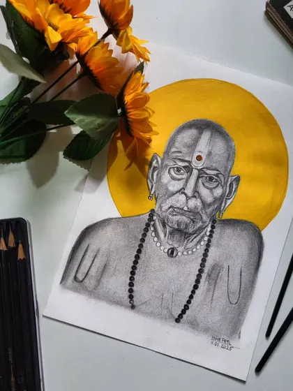A finished portrait of Shree Swami Samarth, surrounded by flowers. Just saying his name brings peace when my mind is in turmoil.