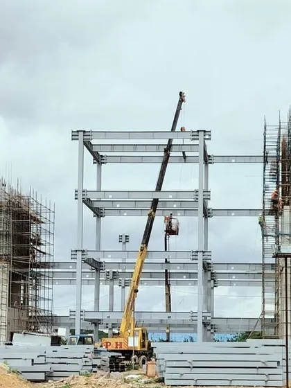 The ePositive Labs campus under construction in Hyderabad. This 7.18 acre campus is dedicated to revolutionizing energy research, and our design, inspired by the Pancha Bhootas, aims to create a hub where industry, academia, and governance converge.