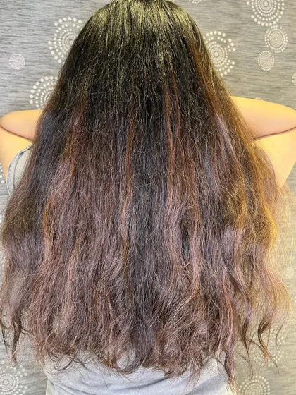 The "before" shot of long hair, ready for a wine red balayage transformation.