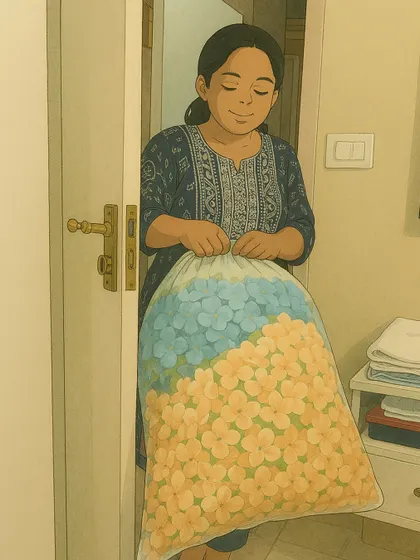 This artwork captures the joy and effort behind the scenes, showing a team member with a large bag of flowers, ready to create something beautiful.