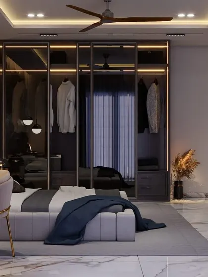 A 3D render of a bedroom with a dark, moody aesthetic. This design features a stunning textured stone wall, pendant lighting, and a glass wardrobe, creating a space that is both dramatic and luxurious.