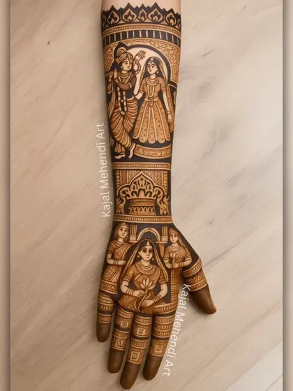 This is an AI-generated image based on one of my designs, showing a full arm piece with a Radha Krishna theme. It's a great way to visualize how different elements come together in a complete bridal design.