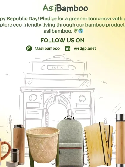 A collection of our patriotic, 'Make in India' products, perfect for national holidays or to showcase a commitment to local artisanship. This image features our bamboo mugs, flasks, bins, notebooks, and backpacks.