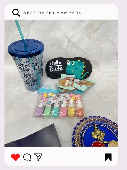 A fun Rakhi hamper for a younger brother, including a sipper cup, an eye mask, and colorful craft supplies.