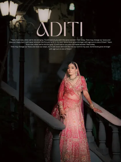 A cinematic portrait of the bride on a staircase at night, with a poetic quote overlay, creating a deeply romantic and story-driven image.