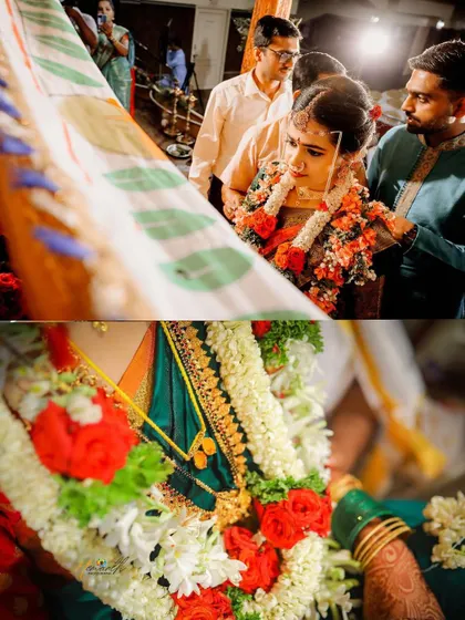 A focus on the details. This collage pairs a shot of the Antarpat, the cloth held between the couple, with a close-up of the bride's beautiful floral garland.