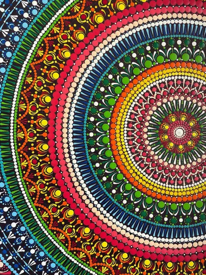 This 24-inch dot mandala is a piece of my heart, created with thousands of tiny, mindful dots. It shows the incredible depth and vibrancy we can achieve with patience and simple tools, a style I love teaching in my advanced workshops.