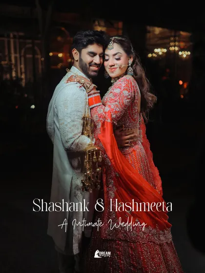 A romantic night portrait of Shashank and Hashmeeta, embracing after their intimate wedding ceremony.