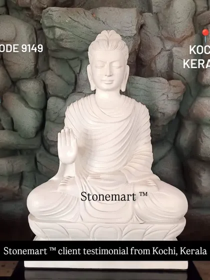 A close-up of the 3-foot Abhaya Mudra Buddha statue sent to our client in Kochi. The intricate carving in the Gandhara style is clearly visible in this beautiful shot.