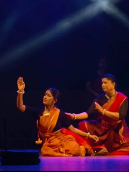A powerful moment from 'Songs of the Millstone'. The performance focuses on the bhava, or inner feelings, of working women, and this image captures a moment of shared experience and storytelling.