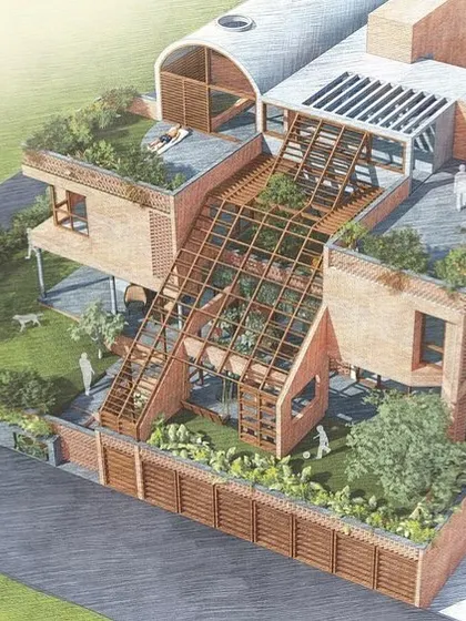 Architectural renderings showing our concepts for tropical, sustainable homes. These drawings are an essential part of our design process, allowing us to explore ideas for green roofs, brick screens, and indoor-outdoor living.