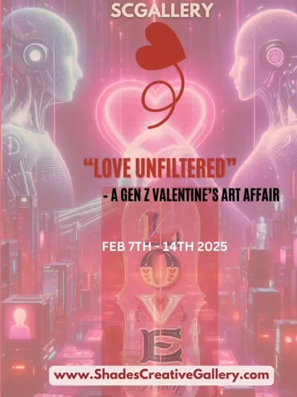 This poster announces our upcoming Gen Z-themed Valentine's exhibition, "Love Unfiltered." We host bold, quirky, and modern exhibitions that speak to a new generation of art lovers.