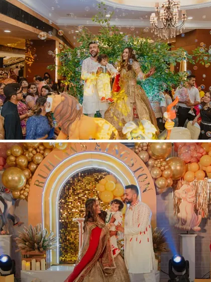 A collage from a "Kingston" jungle-themed birthday. From the bubble-filled grand entrance to the golden balloon arch, every detail was designed for a magical celebration.