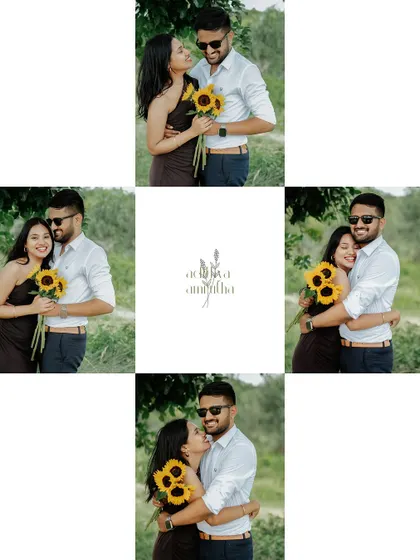 A creative collage centered around a custom logo, showing multiple happy and romantic moments from the couple's sunflower-themed pre-wedding shoot.