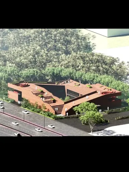 An aerial view of our first Nagpur Museum concept, showing how the building's form creates a dynamic relationship with the surrounding landscape and urban context.