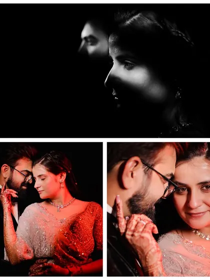 We play with light to create stunning portraits. This collage combines a dramatic black and white profile with a warm, red-lit shot, highlighting the couple's features and the emotion of the moment.
