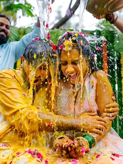 This is what pure, uninhibited joy looks like. I live for capturing these high-energy, candid moments during a Haldi ceremony where everyone lets loose and celebrates.
