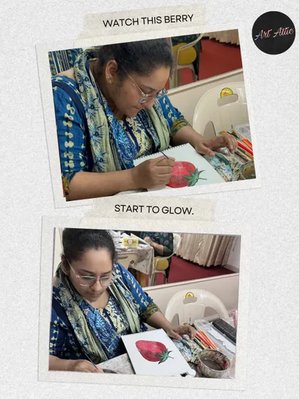 Watch this berry start to glow! A participant brings a juicy strawberry to life on canvas during one of our fun and relaxed women's art sessions.