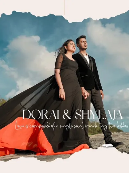 A dramatic pre-wedding portrait on the beaches of Kerala, with the couple's black and red flowing gown creating a stunning visual against the sky.