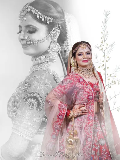 A creative bridal portrait blending a black and white image with a color photo, highlighting her stunning features.