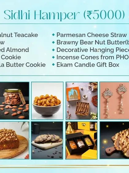 Inside the 'Sidhi Hamper', you will find a delicious Chocolate Walnut Teacake, savory Parmesan Cheese Straws, a duo of Brawny Bear Nut Butters, and festive decor pieces.
