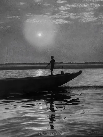 A serene 2 by 3 foot charcoal drawing of a lone figure on a boat at dusk. The soft light and calm water reflections create a peaceful and contemplative mood.