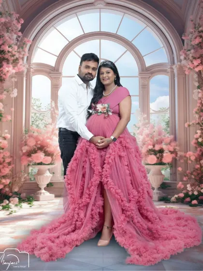 A fairytale moment for this beautiful couple. The AI-enhanced background adds a magical, palatial feel to their portrait.
