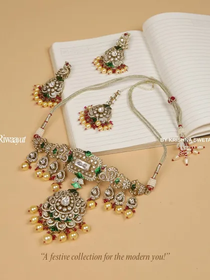Tradition meets today. This image showcases a festive Kundan collection for the modern woman who writes her own story, one sparkle at a time.