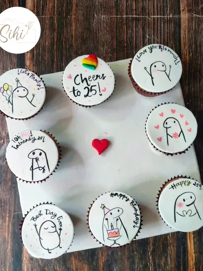 I love keeping up with fun trends, like these Flork of Cows meme cupcakes. Each one is hand-painted with a different funny and relatable character for a 25th birthday celebration.