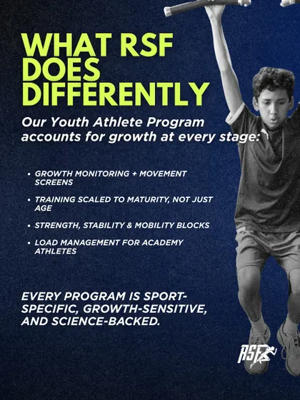 What does RSF do differently? This infographic outlines how our Youth Athlete Program accounts for growth at every stage, with growth monitoring, training scaled to maturity, and load management for academy athletes.